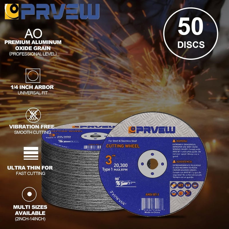 PRVEW 50-PK Cut Off Wheels 3 Inch,3" x1/16 x1/4" Quality Cutting Disc,Metal & Stainless Steel Aggressive Cutting Wheel for Die Grinder, General Purpose Cut-Off Wheel(3-Inch) - Image 2